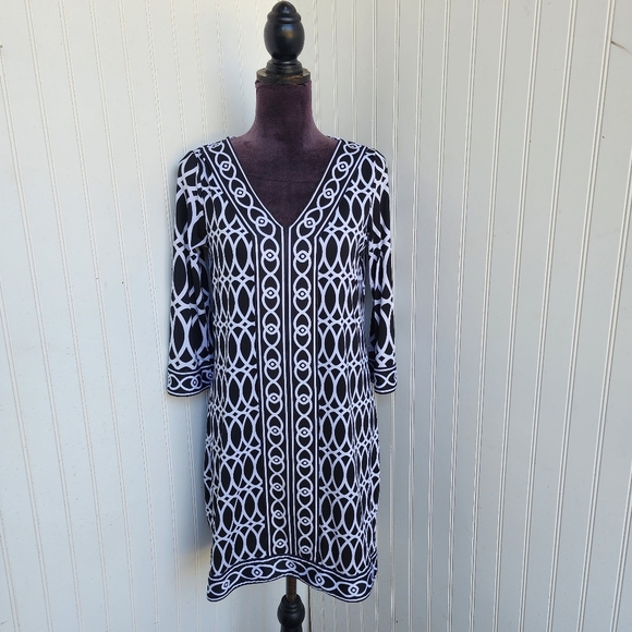 Mud Pie Tunic Dress Black White Geometric Print V Neck Balloon Sleeve Shif S 4-6 - Picture 1 of 10